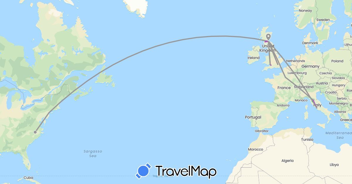 TravelMap itinerary: bus, plane, train in France, United Kingdom, Italy, United States (Europe, North America)